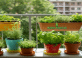 Potted herb plants growing on a sunny apartment balcony