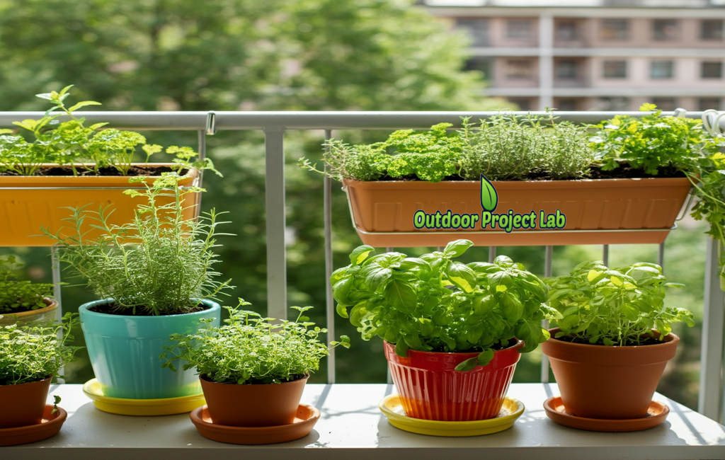 Potted herb plants growing on a sunny apartment balcony