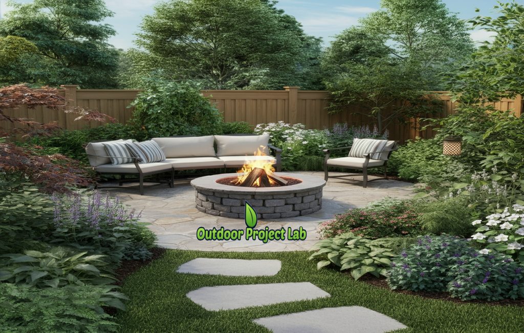 Cozy Backyard Fire Pit Setup with Seating and Lights