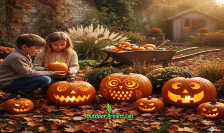Creative Pumpkin Jack O' Lanterns in a Fall Garden Setting