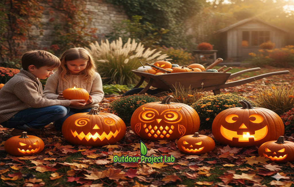 Creative Pumpkin Jack O' Lanterns in a Fall Garden Setting