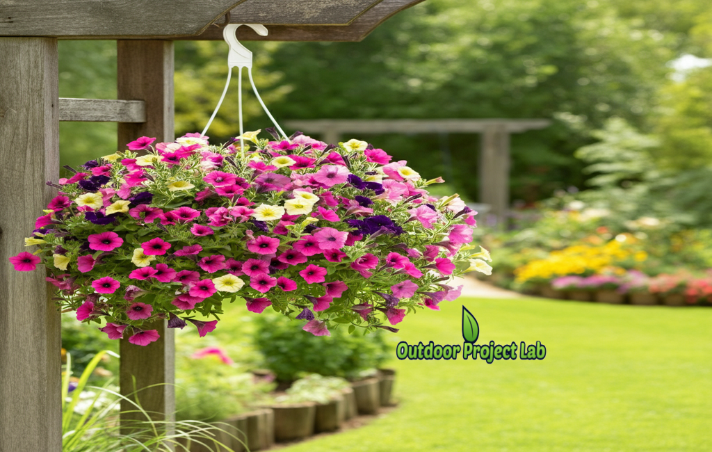 Colorful Mini Petunia Hanging Basket on a Porch