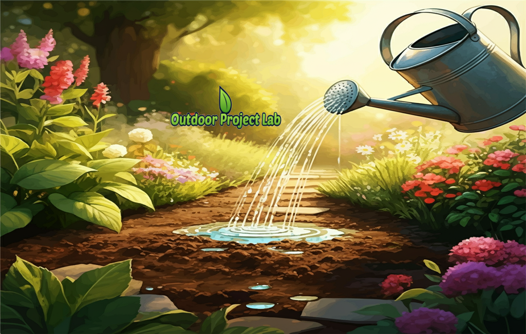 Person watering garden in the morning sunlight with watering can