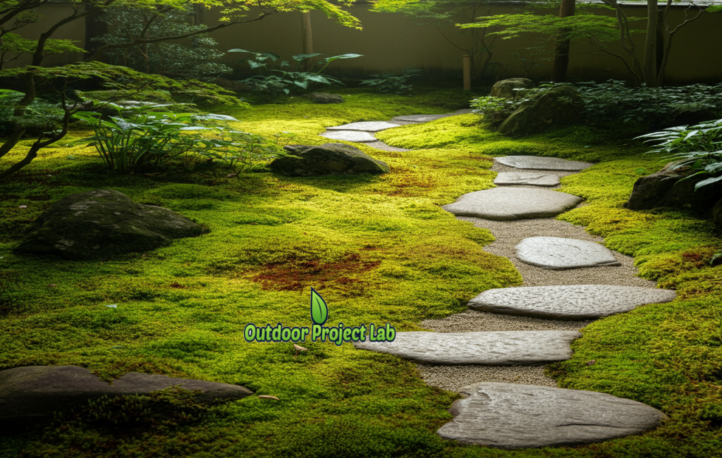 Serene Moss and Stone Garden Pathway with Natural Stones and Greenery
