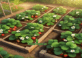 Strawberry Plants Growing in Raised Garden Bed