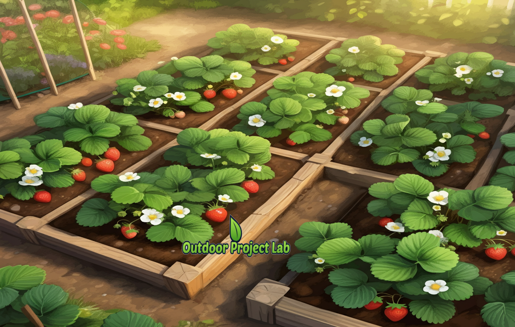 Strawberry Plants Growing in Raised Garden Bed