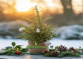 Mini rosemary Christmas tree with holiday lights and red ornaments on a table