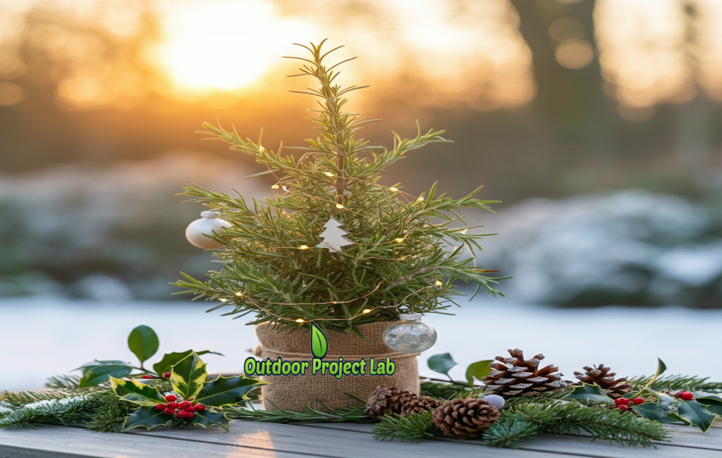 Mini rosemary Christmas tree with holiday lights and red ornaments on a table