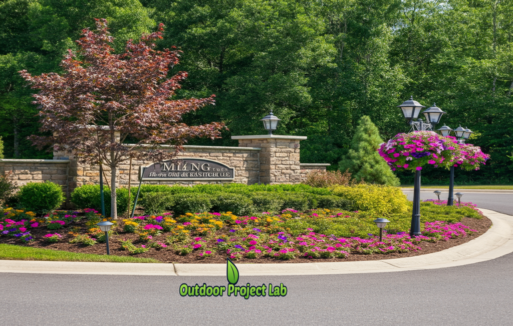 Colorful Neighborhood Entrance with Flowers and Sign
