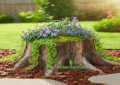 Flowering ground cover plants growing around a tree stump in a garden