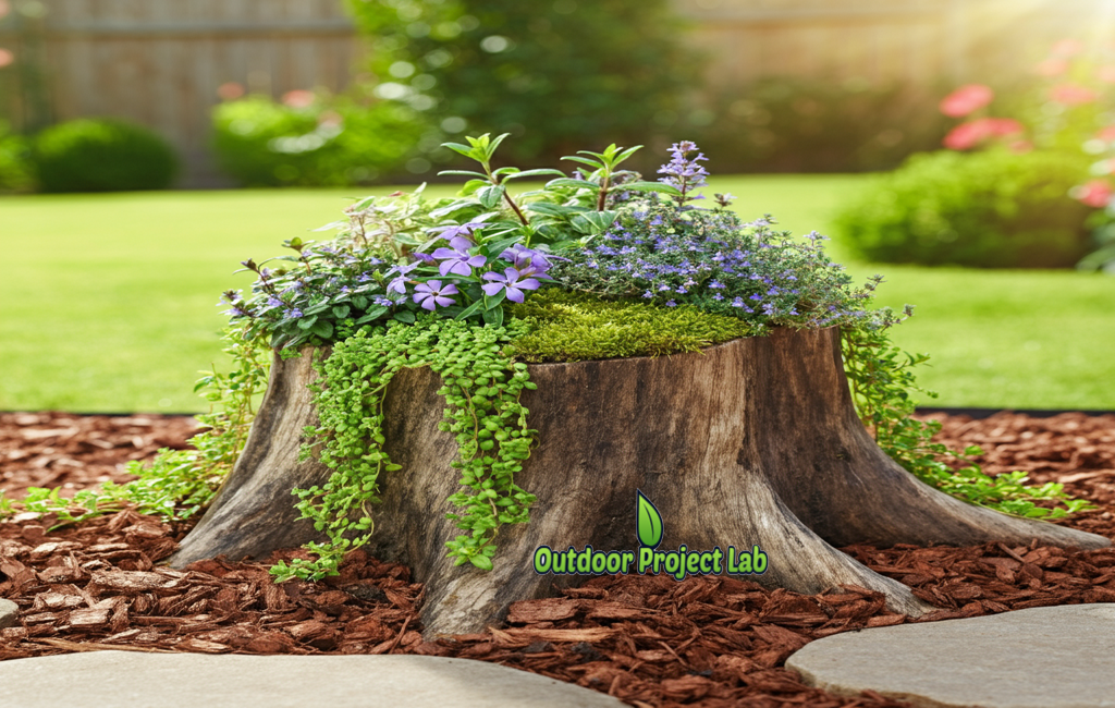 Flowering ground cover plants growing around a tree stump in a garden