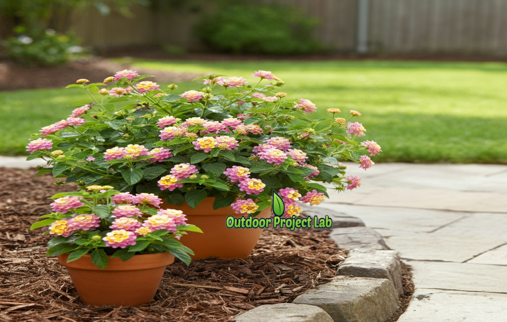 Pink Caprice Lantana in Bloom – Vibrant Pink Flower in Sunny Garden Bed